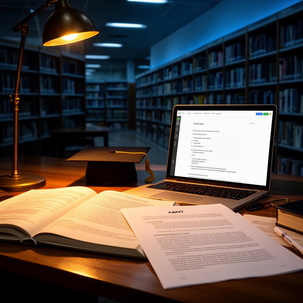 Ambiente acadêmico com notebook, livros, documentos ABNT e capelo de formatura